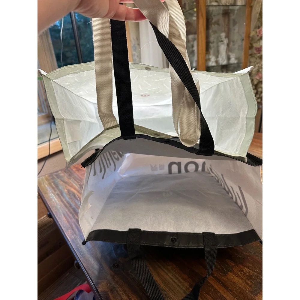 Lululemon Large Reusable Shopping Tote Bags Set of 2 Black White Cream with Logo